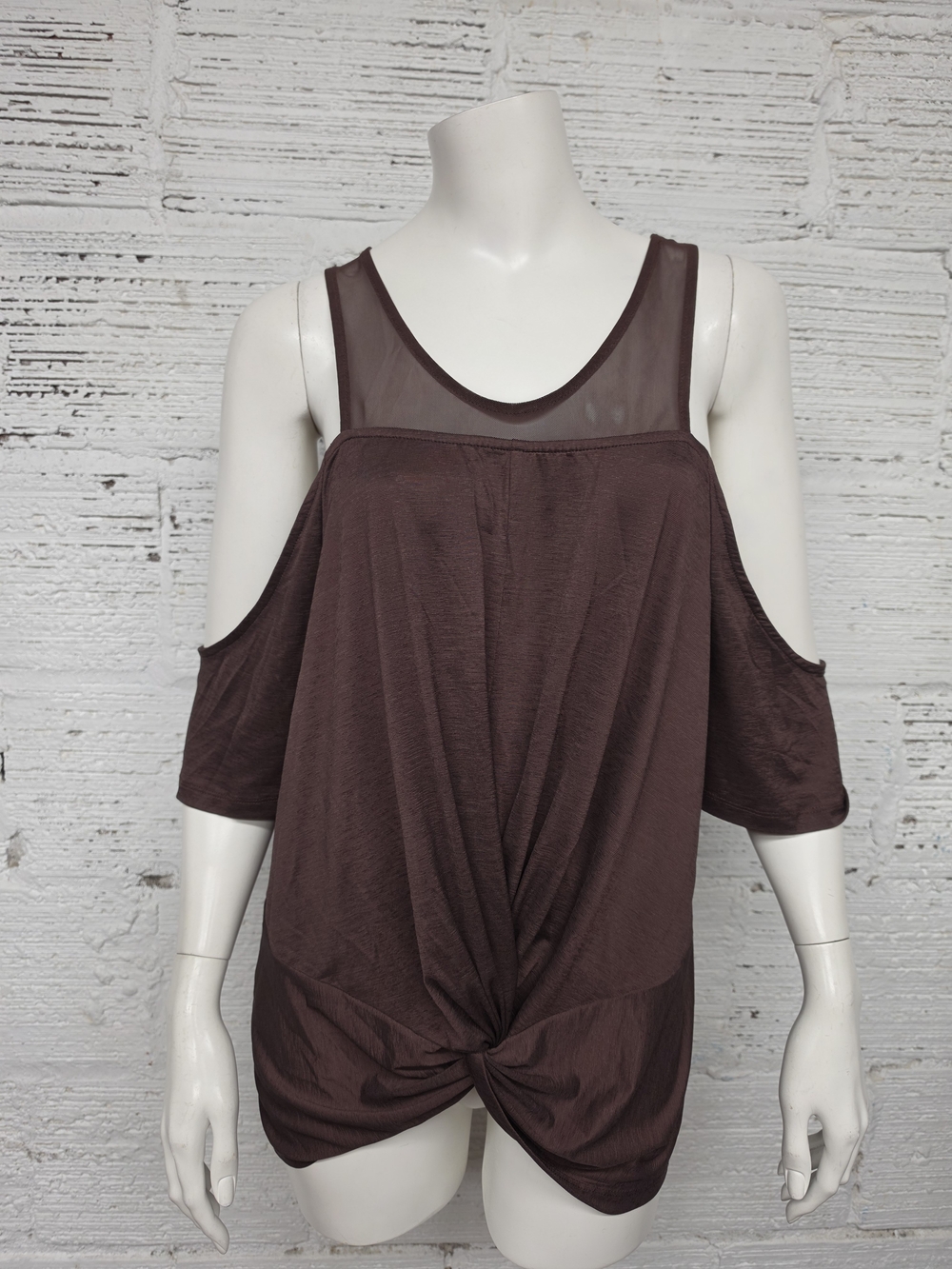 Willow-Root Brown Cold-Shoulder Twist-knot Front Silky Tank Top